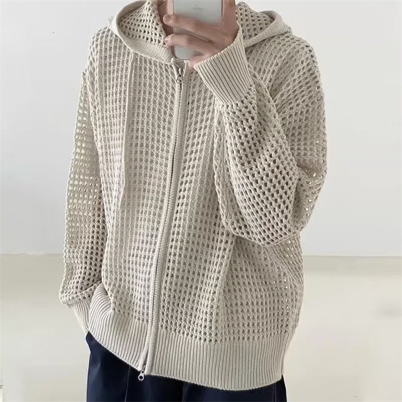 Mens Hollow Out Loose Jacket Hooded Hip Hop Cardigan Fashion Korean Streetwear Casual Zip Knitted Jacket Coat SpringSummer 240826