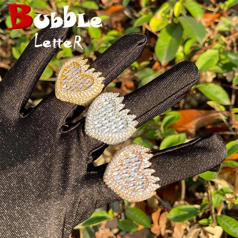 Bubble Letter Baguette Flame Ring for Men Iced Out Finger Charms Real Gold Plated Hip Hop Fashion Jewelry Trends 250305