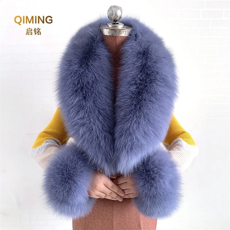 Winter Natural Real Fox Fur Collar Fur Scarf Women Men Coat Jacket Fur Shawl Fur Cuff Set Warmer Fur Shawls Wraps Scarves 240910