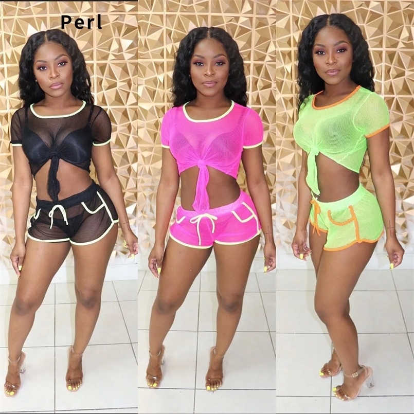 Perl Perspective Two Piece Set Women Sexy Club See Through Mesh Summer Clothing Matching Tracksuit Shorts Set Solid Outfit 250222