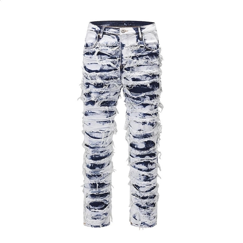Harajuku Frayed Distressed Retro Tie Dye Jeans Pants Men and Women Straight Ripped Hole Washed Baggy Casual Denim Trousers 240819