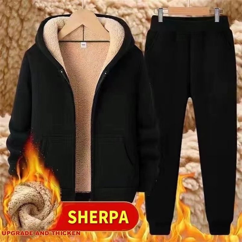Mens Sets Tracksuit Men Lamb Cashmere Winter Wool Hooded Sweatshirt Thick Warm Sportswear Male Suit Two Piece Set Casual Sets 240819