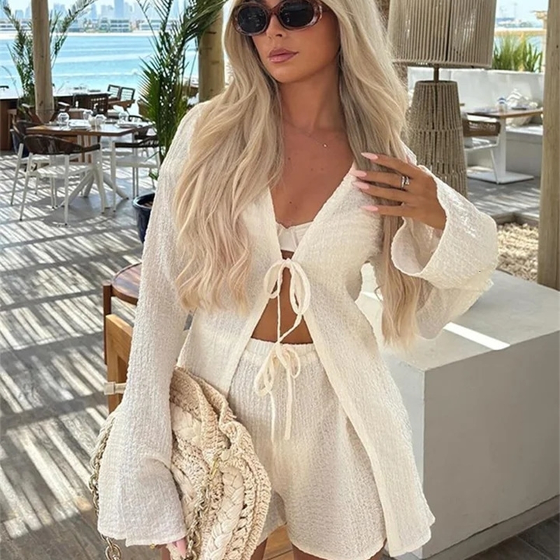 Chic Solid Lace Up Shorts Woman 2 Piece Set Fashion Casual Flare Sleeve Shirt Suits Spring Female Vacation Beach Outfit 250519
