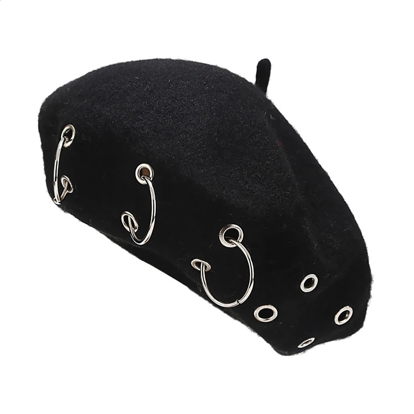Fashion Winter Berets For Women girl Punk Rock Style Iron Rings Beret Caps Retro Wool Hats Black Woolen Painter Caps 240118
