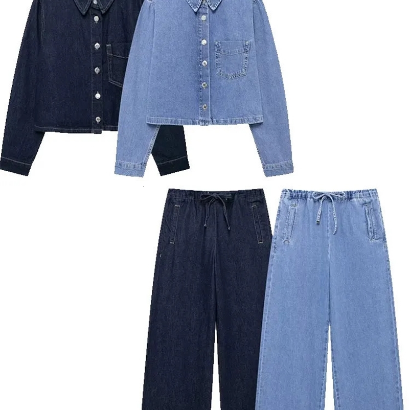 TRAF 2024 Autumn Chic Womens Denim Set Single Chest Loose Jacket Pants Fashion Denim Two Piece Set 241206bj