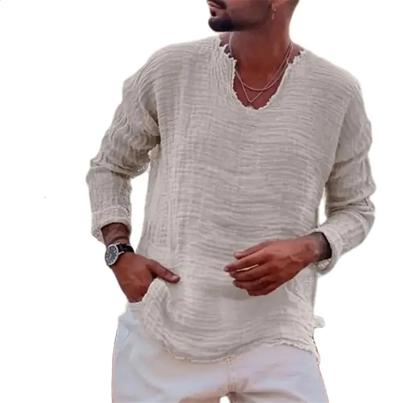 Mens Patchwork T-shirt Men Long Sleeve Fashion Ripped Cotton Tops Latest Summer Casual Linen Pullovers Sexy Mens clothing 240821
