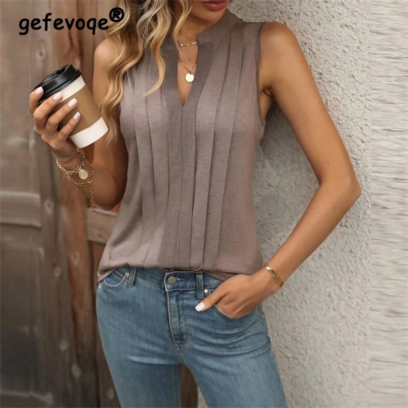 Womens Clothing Summer Fashion Elegant Ruffled Solid Sleeveless T-shirts Vest Y2K Casual Streetwear V-neck Slim Tank Tops 240415