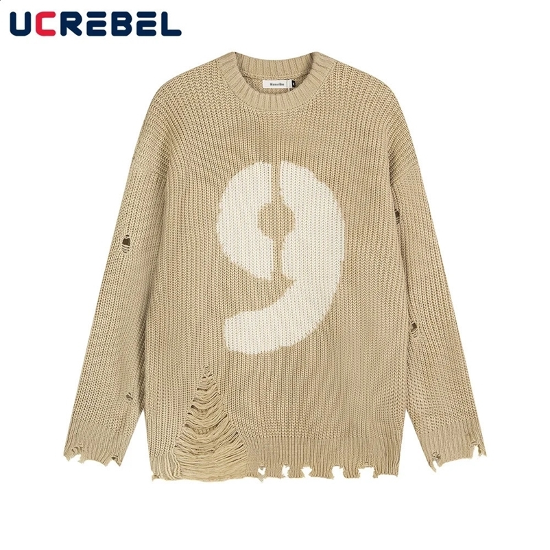 Letter Jacquard Ripped Sweater Mens High Street Autumn Winter Crew Neck Loose Long Sleeve Pullover Men 240914