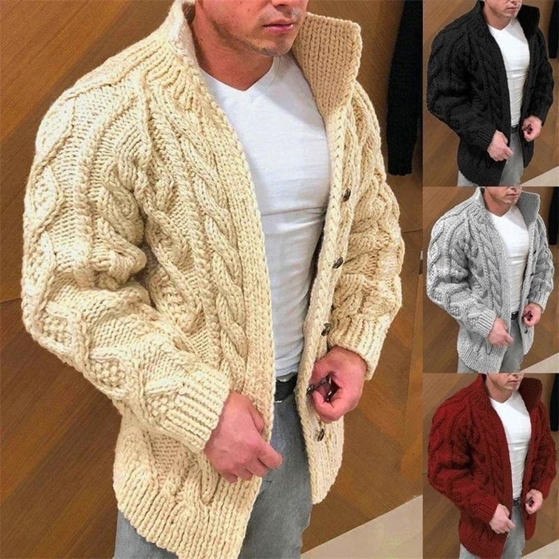 Mens Autumn Winter Sweater Long Sleeve Standing Collar Twisted Jacquard Mens Casual Cardigans 241204