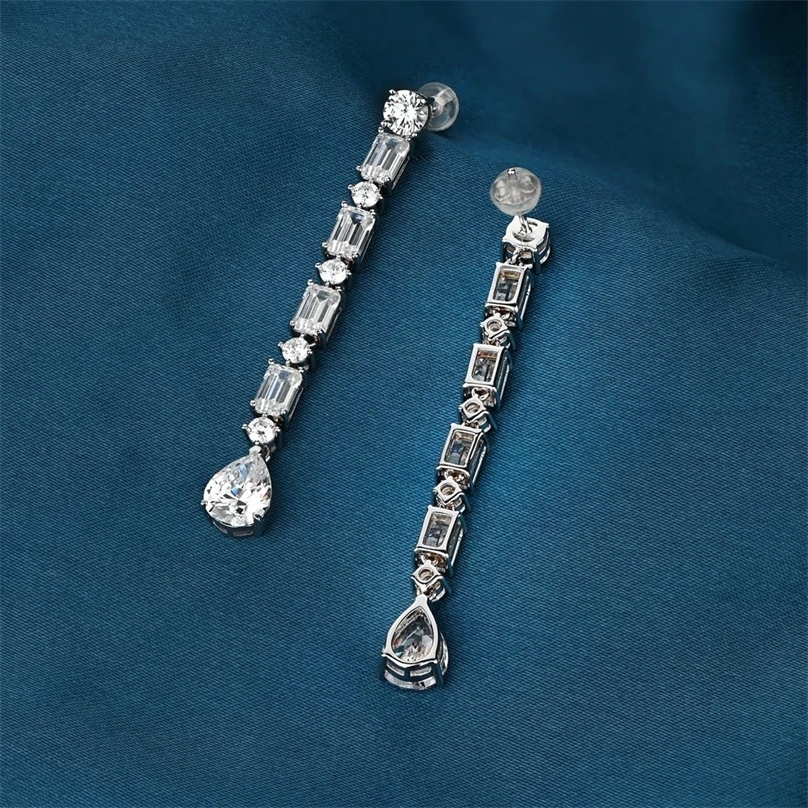 Trendy Bling Geometric High Carbon Diamond Long Drop Womens Earrings 100% 925 Sterling Silver Pendant Earrings Birthday Gift 240522