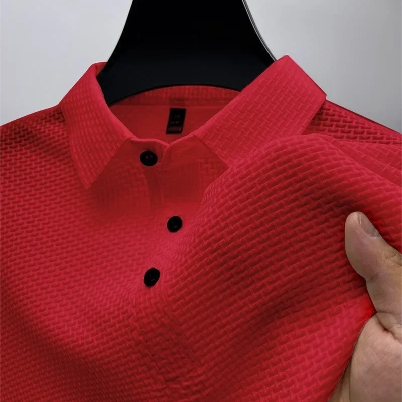 Summer Mens Silk Knitted Hollow Polo Shirt Korean Fashion Casual Comfortable Cool Breathable Short Sleeved T-shirt Top 250116