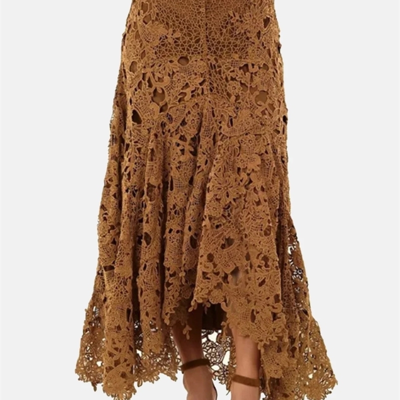 Elegant Lace Asymmetrical Skirt Women Vintage Y2K Boho High Waist Hollow Mesh Patchwork Layered Maxi Skirts Lady Holiday Outfits250324bj