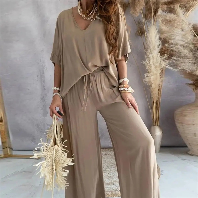 2 Pcs/Set Tracksuit Women Solid Color V Neck Half Sleeve Loose Pullover Drawstring Pants Sets Summer Lady ensemble jogging femme 240829