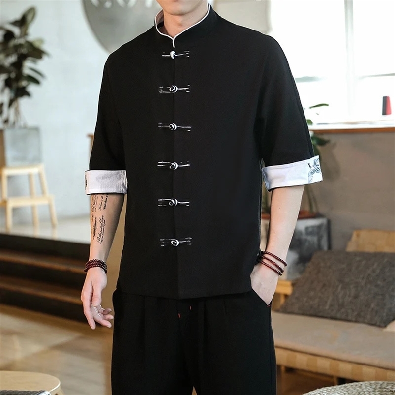 Summer Crane Embroidery Top Traditional Chinese Style Mens Vintage Half Sleeve Linen Shirts Madarin Collar Kungfu Shirt 240816