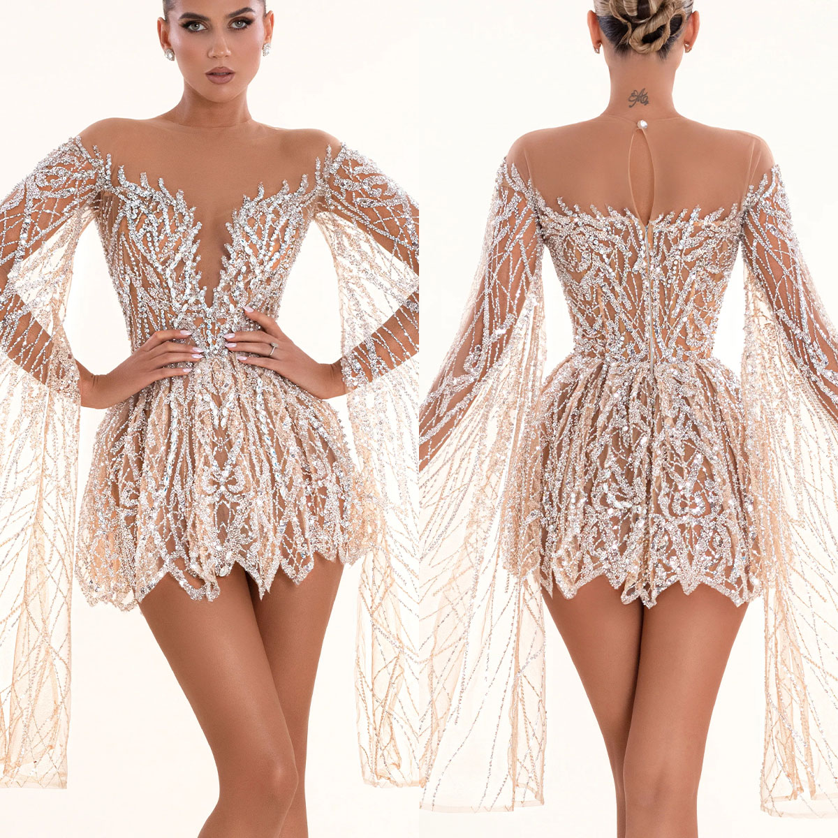 Classic Mini Evening Dresses For Women Sheer Neck Long Sleeves Gown Sequins Crystal Short Prom Party Dress Custom Made