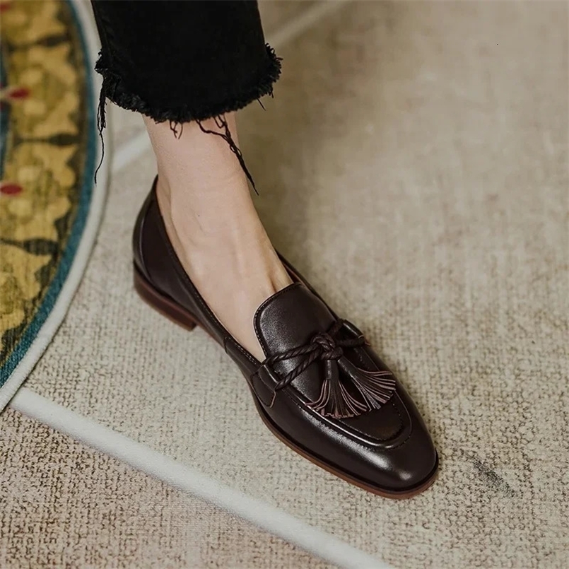 Retro British Style Square Head Womens Loafers Shoes Summer Style Tassel Comfortable Single Shoes Women Brown Shoes 241014