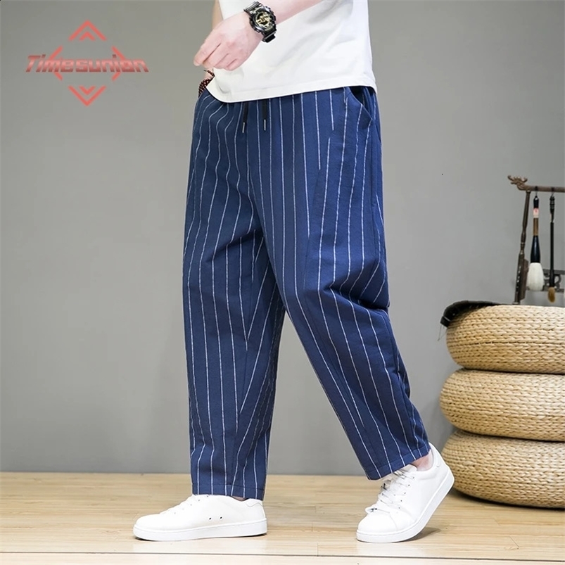 Trendy Striped Casual Pants for Men Loose Cotton Linen Pants Chinese Style Wide Legged Sweatpants Full Length Pant Trousers 240816