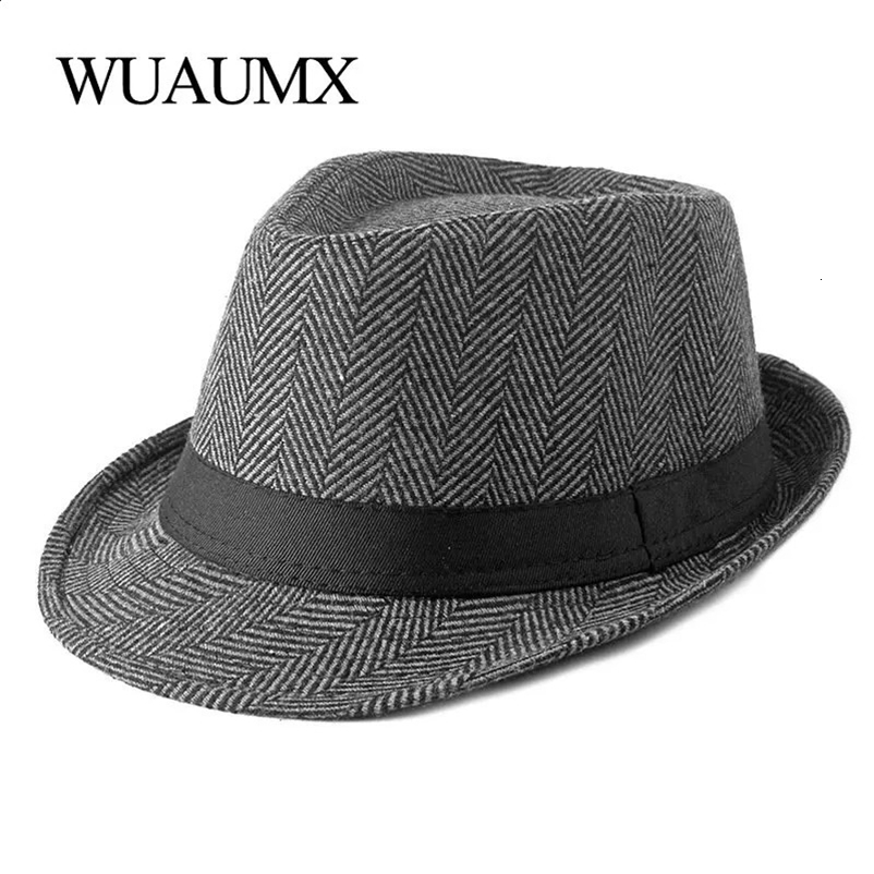 Wuaumx unisex British style tweed jazz hat for men middle-aged and elderly Panama hat Fedoras hat for men autumn and winter bowling hat for gentleme