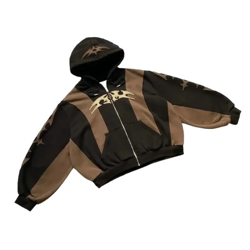 American Retro Brown Stitching Fashion Sweatshirt Zipper Hoodie Mens And Womens Y2K Harajuku Hip-Hop Gothic Casual Joker Coat 250107