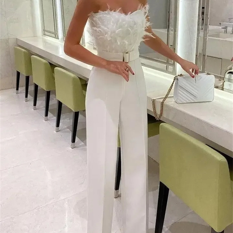 Elegant Jumpsuit Women Long One Piece Strapless White Slash Neck Feather Y2k Top Sexy Wedding Party Night Evening Rompers Summer 250319