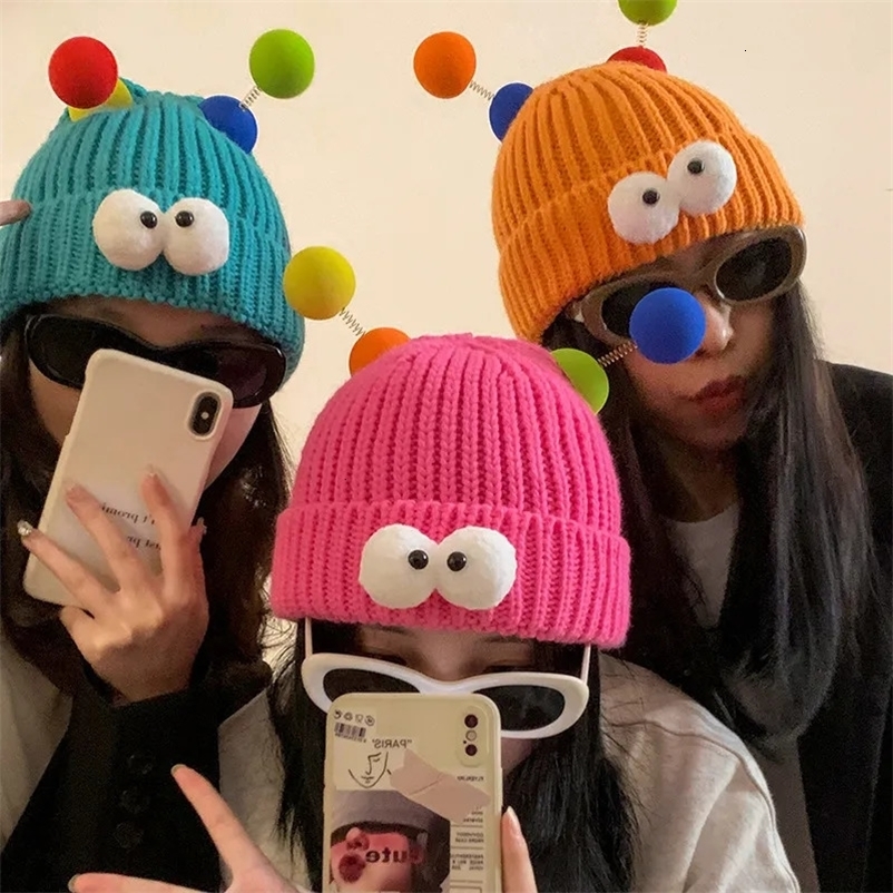 Beanie Skull Caps Cute Cartoon Big Eyes Beanie Korean Funny Couple Knitted Hat Y2k Fashion Winter Warm Cold Cap For Party 231130bj
