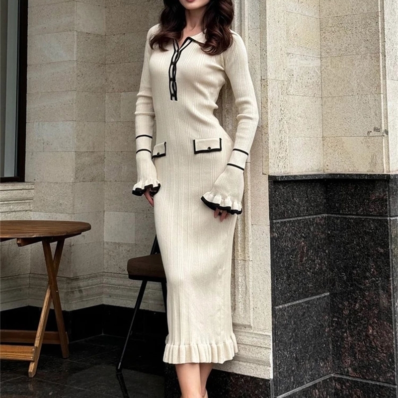 Tossy Robe en tricot à volants Femmes Automne Contrast Coupled Contraste Long Mancheur Robe de robe de revers haute