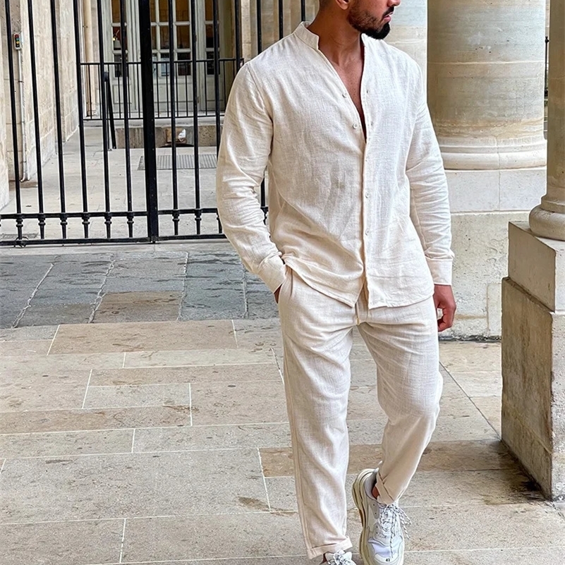 Europe and the United States mens casual suit mens 100% cotton monochrome autumn fashion home loose long-sleeved shirt 250327