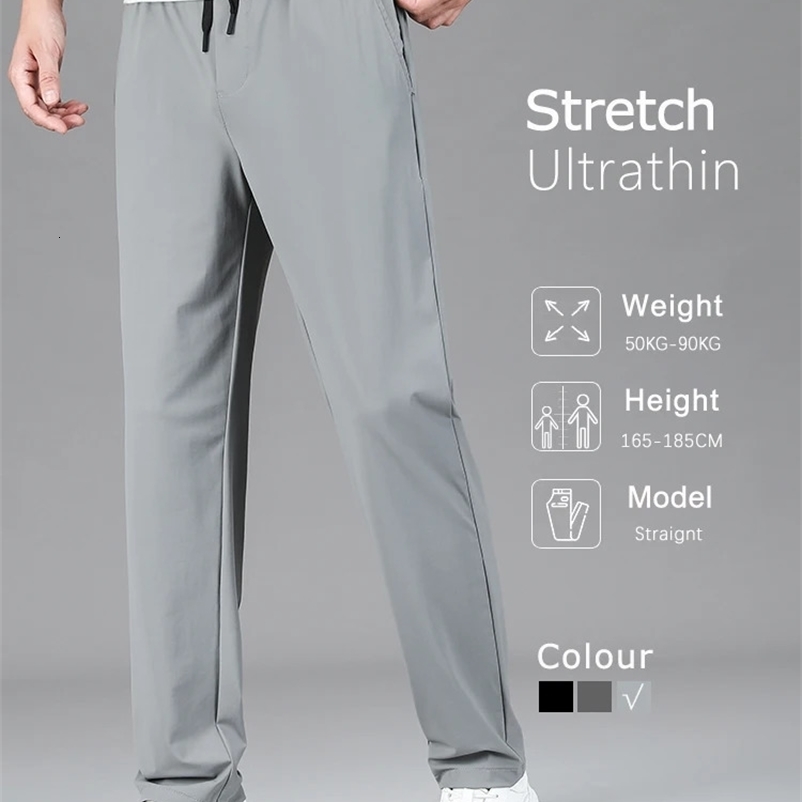 Mens clothing high-quality casual pants summer thin ice silk straight stretch waist jogging sports pants mens Trouser 250425