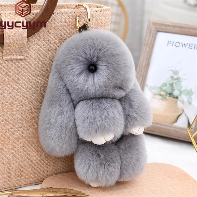 Fluffy Cute Bunny 18CM Real Fur Keychain Rex Rabbit Pom Gift Toy Doll Women Bag Pendant Charm Car Key Keyring Metal ring250120bj