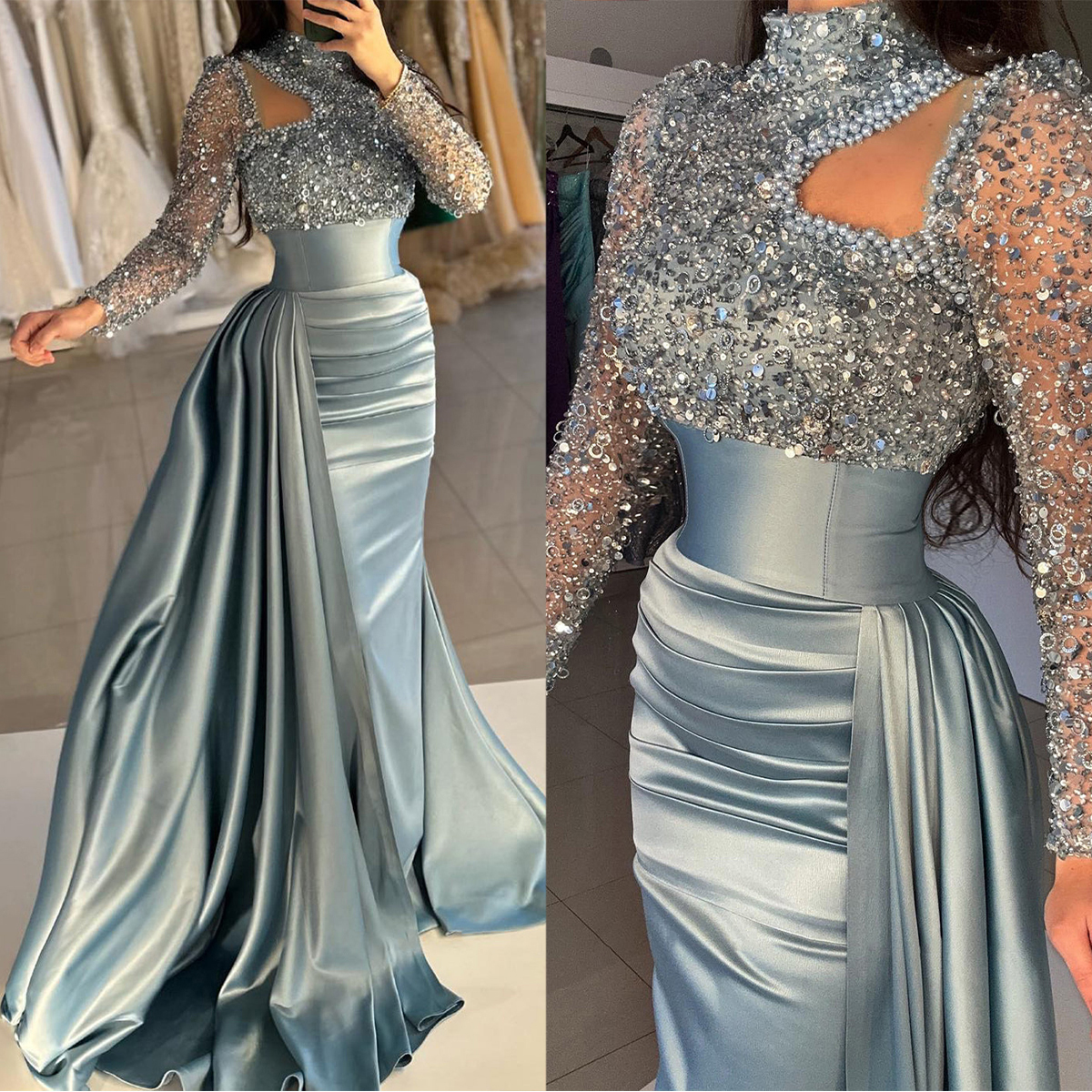 Luxury Beadings Evening Dresses with Train Satin Skirt Special Occasion Dresses Plus Size Formal Birthday Party Celebration Sheath Ball Gowns
