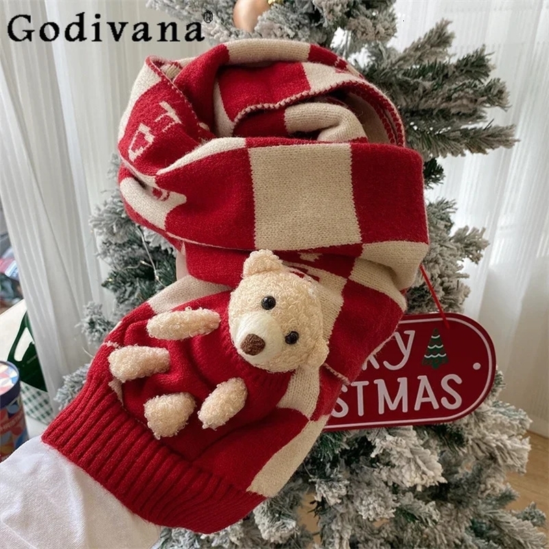 Christmas Party Y2k Scarf Accessories Japanese Womens Cute Red Knitted Scarf Womens Warm Collar for Autumn and Winter 241108bj