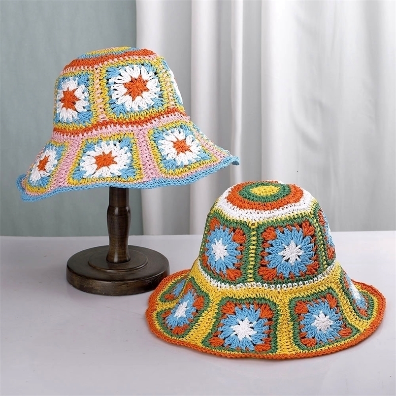 Stingy Brim Hats Womens Straw crochet hat bucket UV Protection Sun Visor beach Visors Ladies Summer Cap 220922