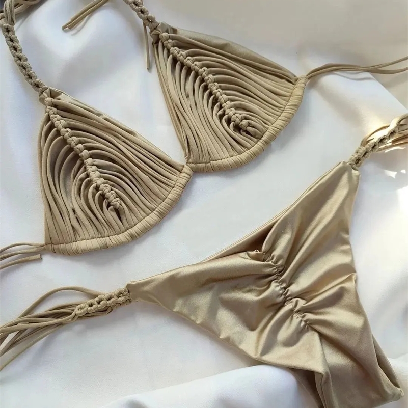 Bandage Stripe Brazilian Bikini Swimwear Womens Braided Rope Swimsuit Two Piece Set Female Sexy Woman Beachwear Summer 250121