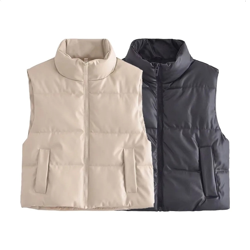 UNIZERA Autumn/Winter Womens Fashion Casual PU Synthetic Leather Stand up Collar Sleeveless Cotton Coat Tank Top 240830bj