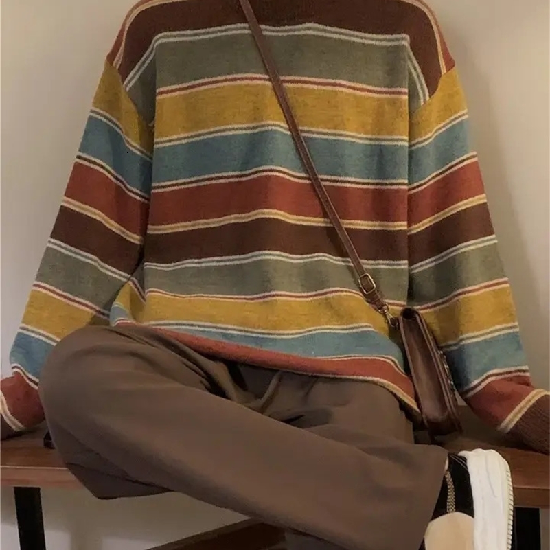 American Retro Couple Rainbow Stripe Round Neck Knitted Sweater for Men and Women in Autumn and Winter Loose Casual Top y2k 240806