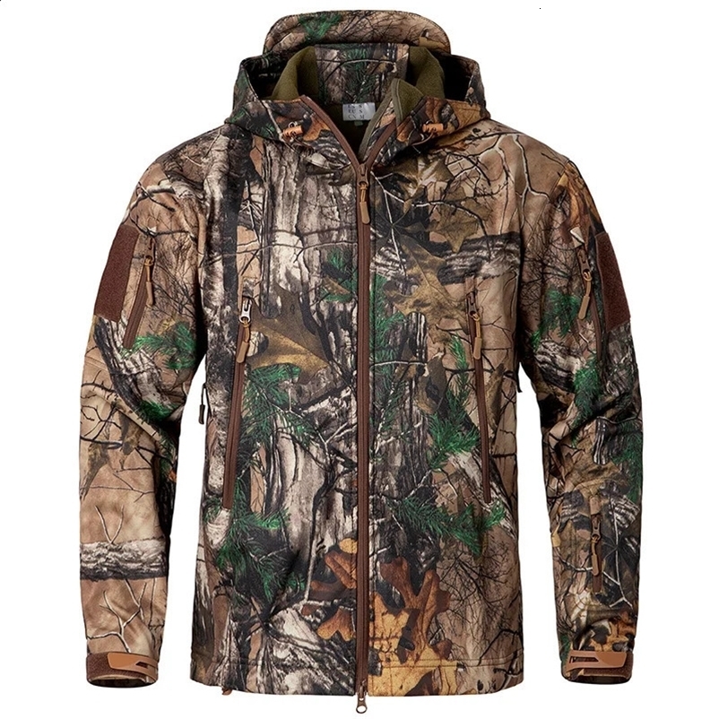 Mens silent soft shell camouflage tactical jacket waterproof and warm wool hunting jacket outdoor hiking and fishing hooded jacket 241224