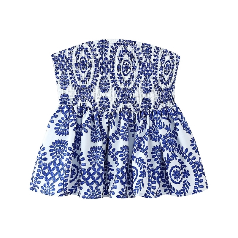 Printed Floral Crop Top Shirred Bust Strapless Camis Ruffle Bottom Womens Summer Clothing250222bj