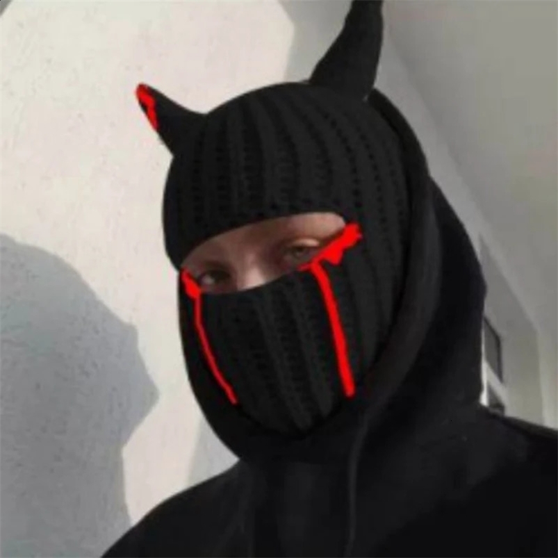 Unisex Knitted Hat Halloween Devil Horn 1 Hole Balaclava Y2K Retro Gothic Winter Warm Bean Hat 250110