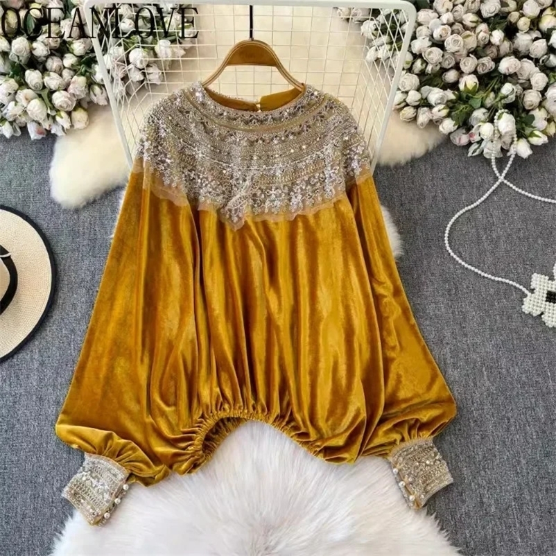 OCEANLOVE Velvet Shirt and Shirt Womens Top Autumn Winter Glitter Style Blusas Mujer Fashion Retro Loose Camisas 241230