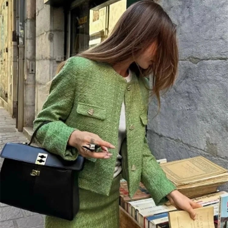 Womens Tweed Jacket Skirts Suit Autumn O-neck Long Sleeve Button Coat Elegant 2 Piece Set Women Sheath Mini Skirt Outfit 240729