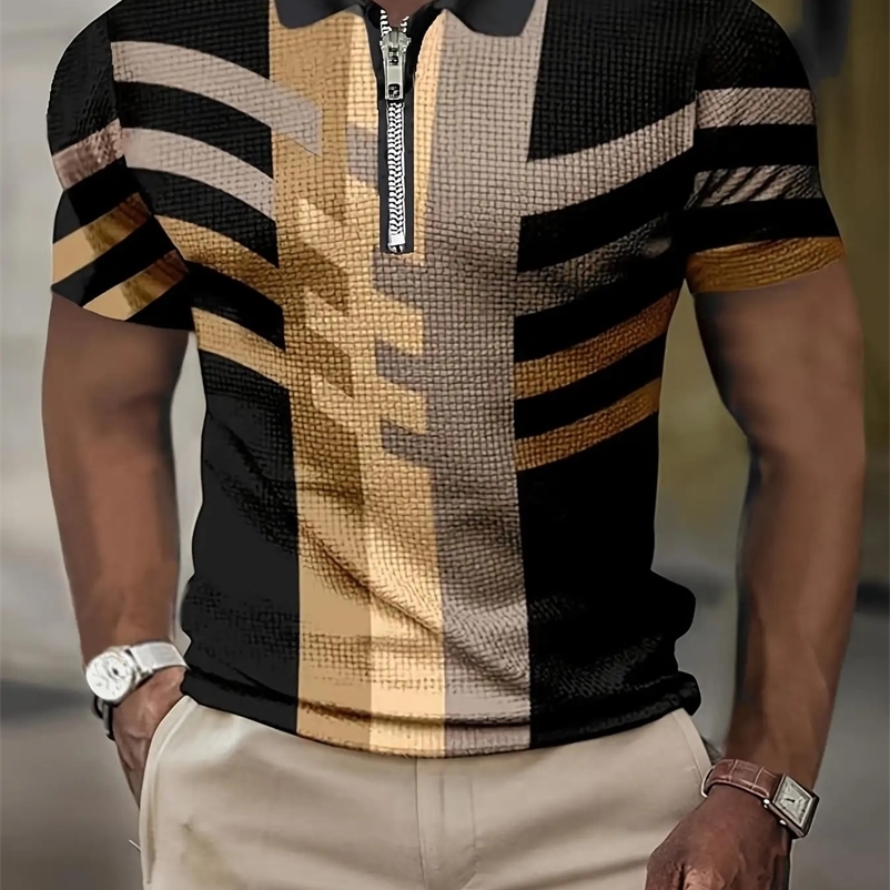 mens short sleeved polo shirt with summer retro stripes 3D printed top zipper lapel ultra-thin polo mens casual clothing 250410