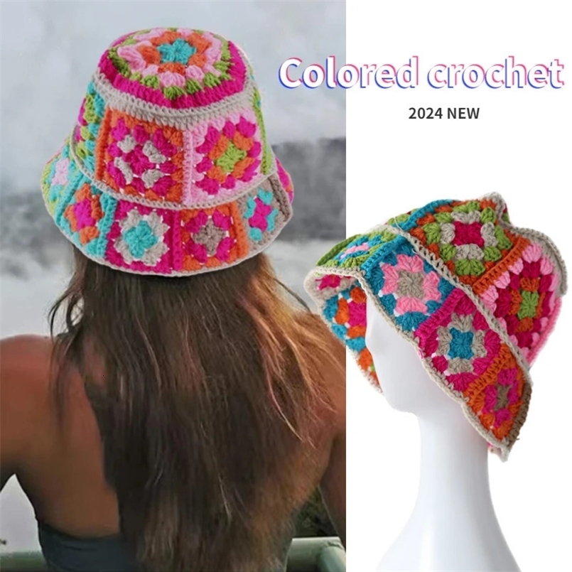 Colored Crochet Cute Bucket Hats Womens Vintage Flowers Knitted Hat Girls Summer Korean Ins Fashion Y2K Hollow Beach Hat 240514