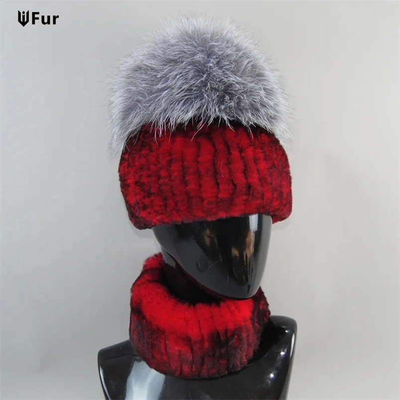 Fashion Women Winter Real Silver Fox Fur Hat Scarf suit Knitted Rex Rabbit Fur Hats Top Natural Fox Fur Cap Scarves Sets 241227