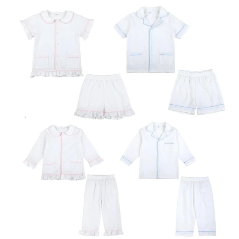 Spring Summer Children Pajamas Sets Baby Girls Boys Homewear Sibling Outfits White Seersucker Soft Kids Long Sleeve Pyjamas Set 240530