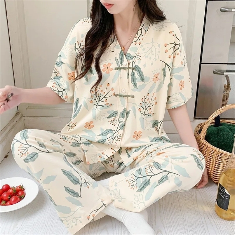Pjs Women Cotton Pajama Style Sleepwear Pijamas Plus Size Nightwear Summer Womens Short Sleeved Long Pants Cardigan Pajama Set 240913