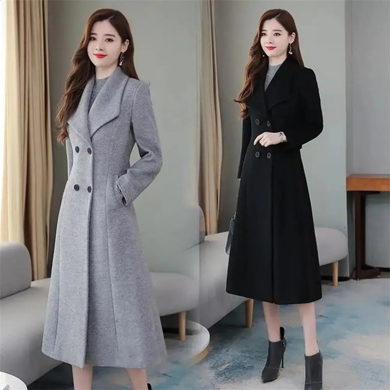 Simple Elegant Coat Lapel Cold Resistant Lady Winter Solid Color Mid-Calf Length Buttons Woolen Jacket Coat 240729