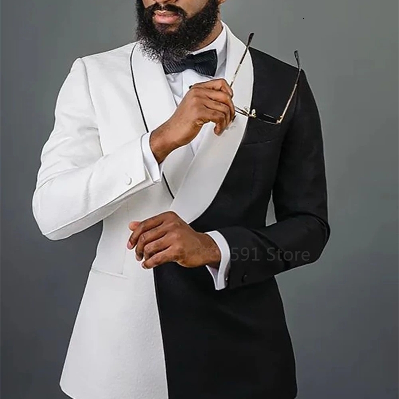 est Splicing Colors 2 Pieces Men Suits Set Wedding Groom Tuxedo White Black BlazerPants Custom Made Prom Dress Coat 250122