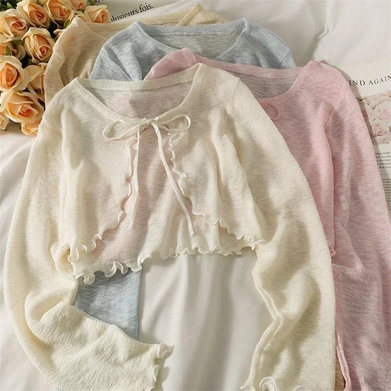 Women Frenum Cardigan Blouses and Tops Bow Lace Up Long Sleeve Crop Top Female Elegant Shirt Thin Aesthetic Clothes Korean Style250324bj