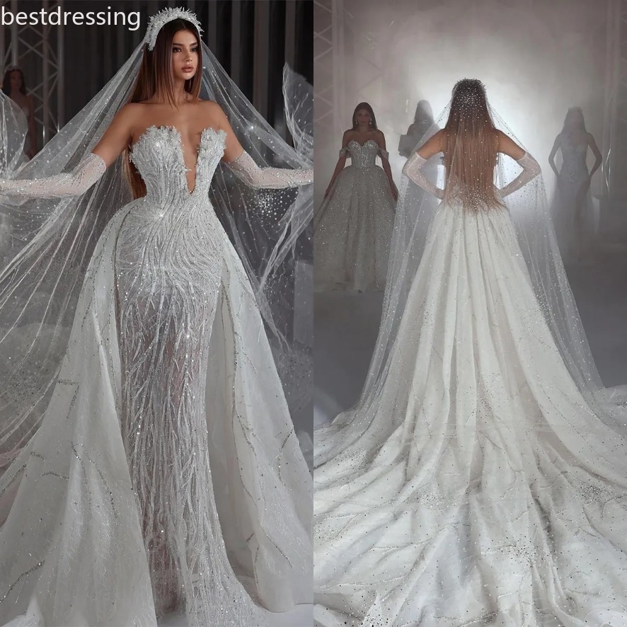 Shine Crystal Robes de mariée sirène mode 3D-Lace Sexy Sexy Deep à col en V Perles Slim Fit Détachable Robes de mariée Taille sur mesure 0923