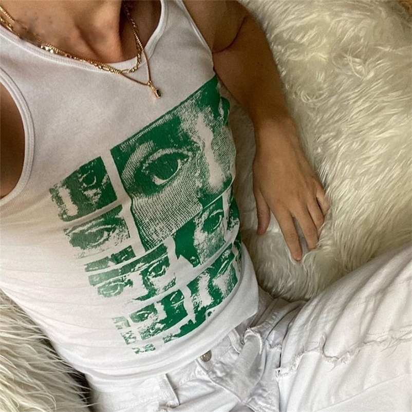 Women's Tanks Camis O Neck Green Print Crop Top Women Sleeveless Off Shoulder Vintage Fashion T Shirts 90s Y2K Sexy Casual Tank Tops 230608